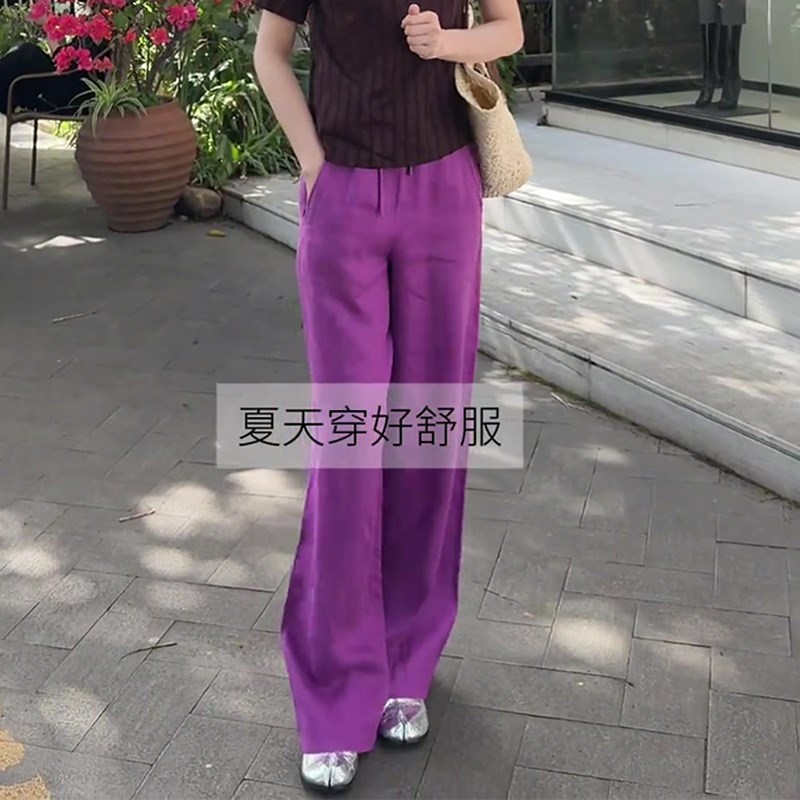 紫色宽松显瘦时尚感洋气阔腿裤女2025年夏季新R款休闲风百搭亚麻