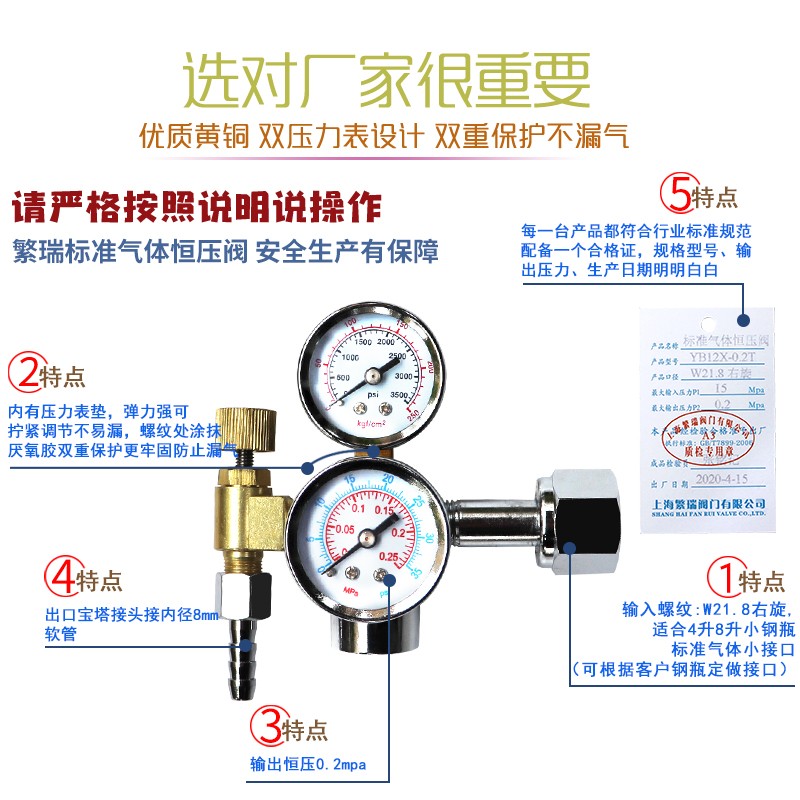 上海繁瑞标准气体减压阀YB12X-0.2T恒压式调节器4升8升W21.8-14RH