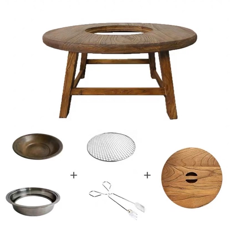 老榆木围炉茶桌原木小圆桌u家用炭火围炉煮茶桌子室内新中式火锅