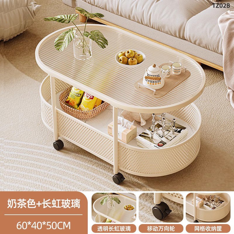 沙发边几可移动客厅茶几小户型推车D奶油风新款玻璃茶几收纳置物
