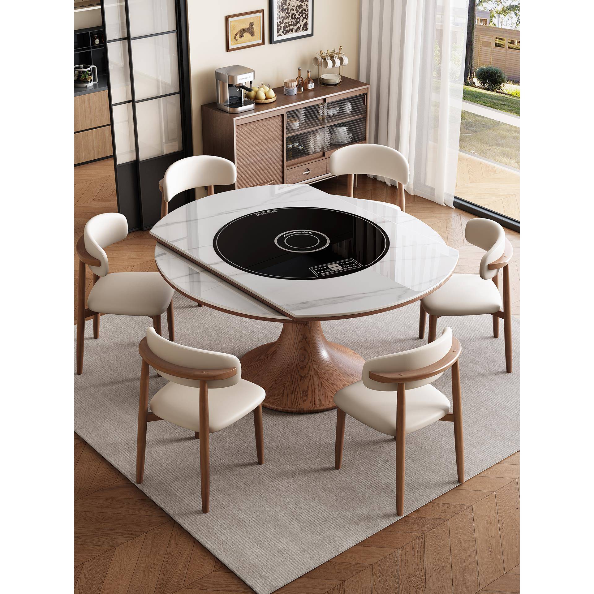 岩板折叠餐桌家用小户型多功能电动转盘电磁炉一体实木可变圆桌子