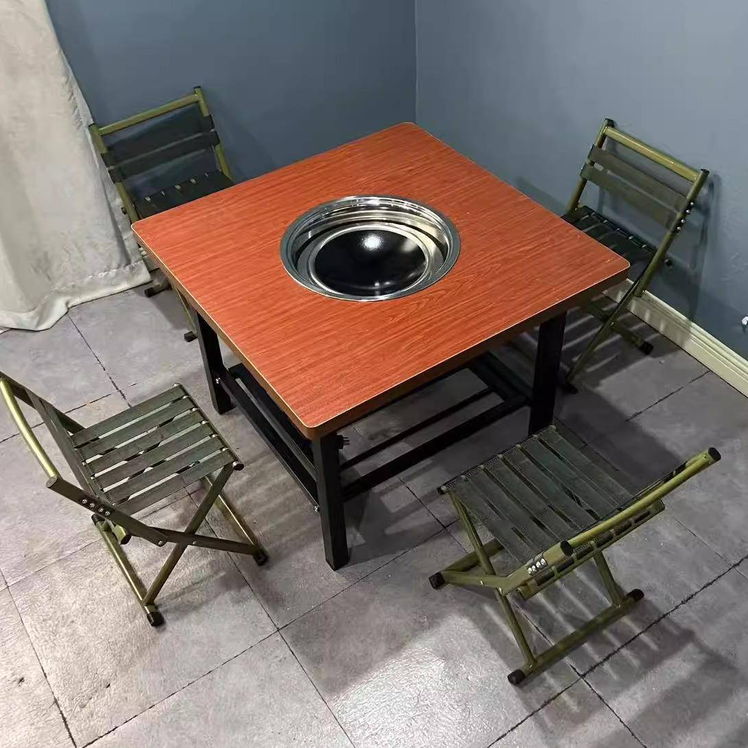 定制市井小火锅桌羊肉店 矮桌圆形烙锅桌 卡磁炉燃气灶折叠外摆桌