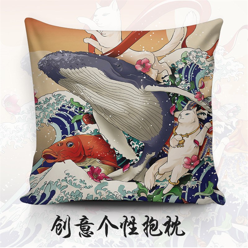 浪花抱枕鲤鱼纹身l定制枕头超柔毛绒双面印图客厅靠枕轻奢沙发靠