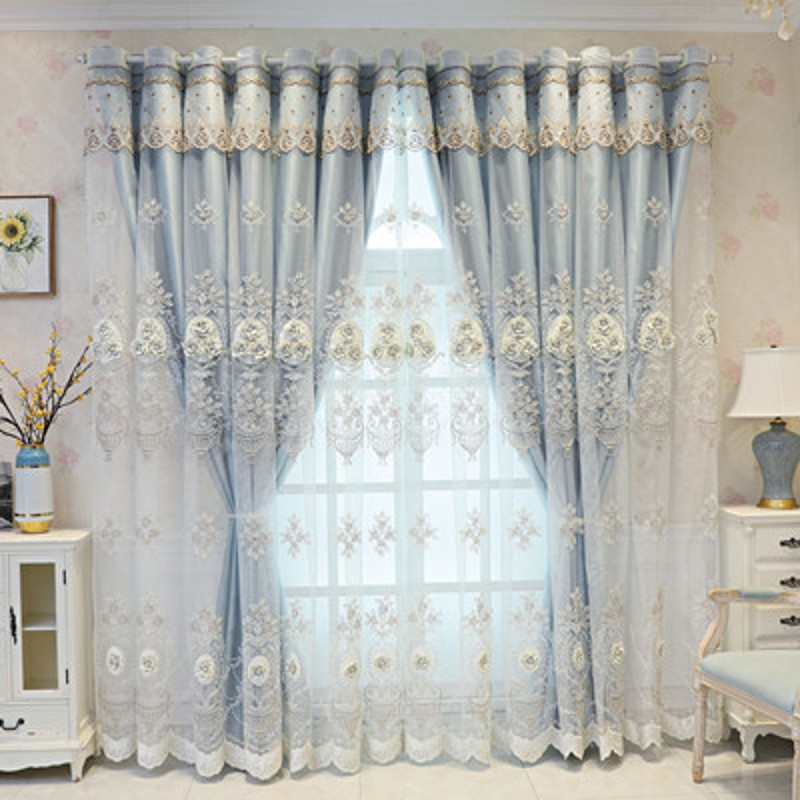 欧式简约双层窗帘粉色布纱一体成品EF奢华大气客厅卧室浮雕绣花窗