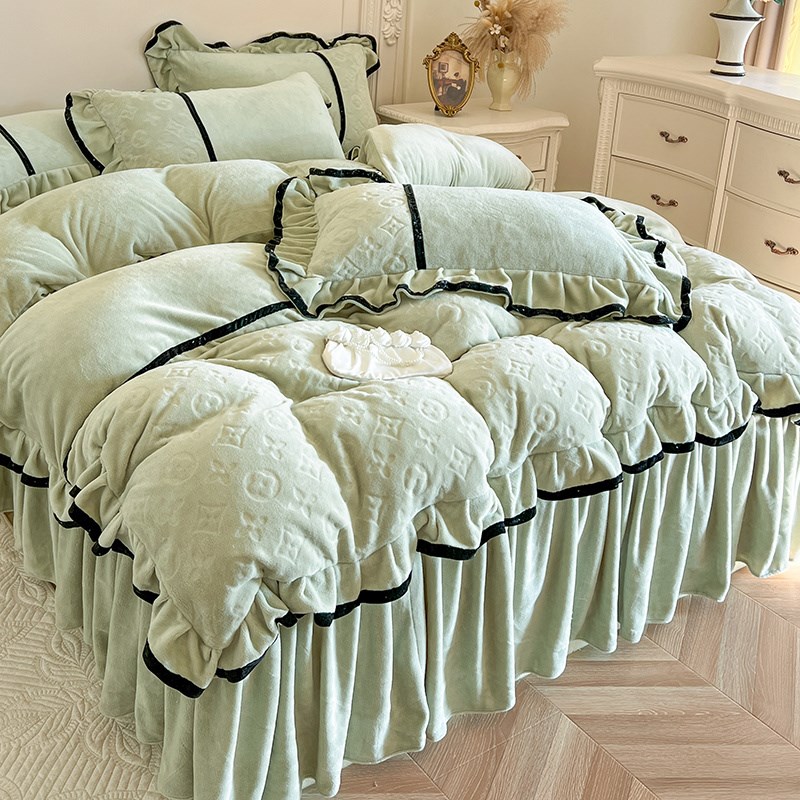 雕花牛奶绒床裙四件套花边t加厚冬季2m被套珊瑚绒法兰绒床罩4件套