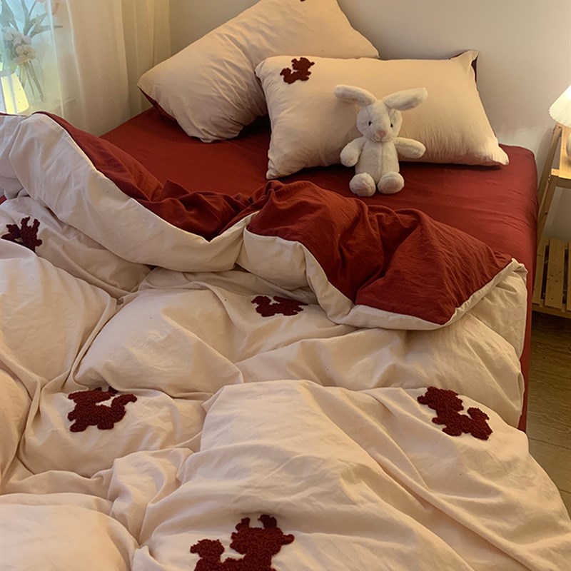 荧光绿小树毛巾绣床上四件套1.z5m1.8公寓全棉床单被套三件套