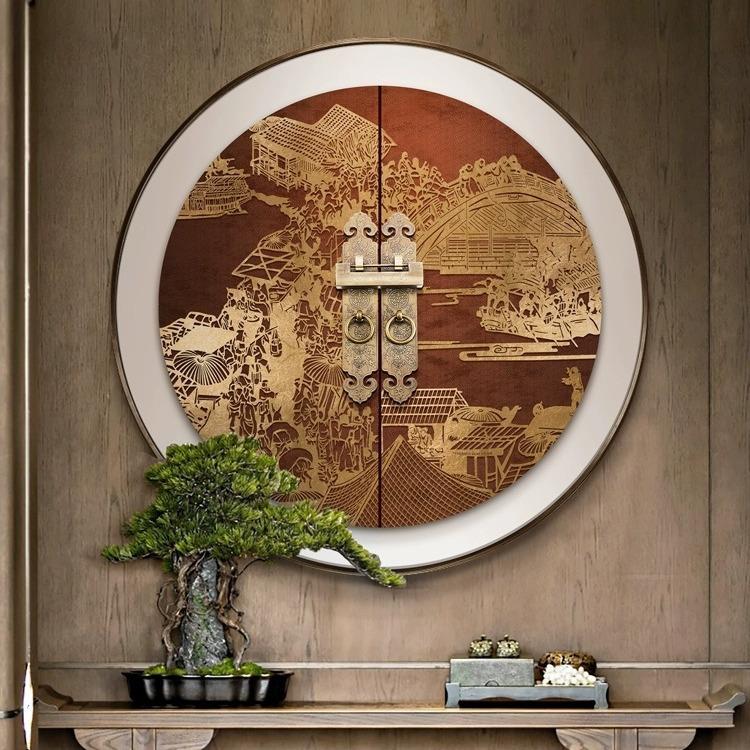 新中式玄关圆形装饰画客厅餐厅背景墙面立体壁画酒店浮雕肌理挂画图片