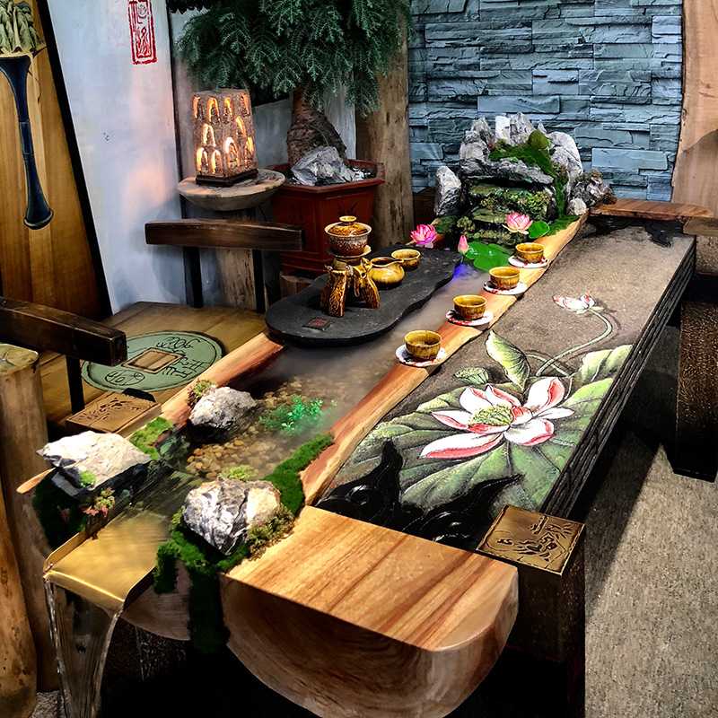 新中式实木茶桌别墅会客功夫茶几香樟木禅意家具景观养鱼流水茶台
