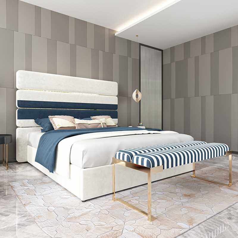意式现代简约芬布艺床丝绒 设计师蓝白拼色实木双人床迪软包家具,3C数码配件,摄像机配件,淘宝优惠券,粉丝福利购,淘宝优惠卷