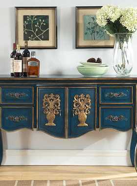 浮雕瓶安美式餐边柜地中海蓝色装饰柜复古法式实木彩绘储物玄关柜
