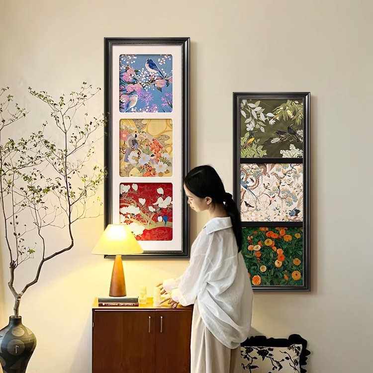 宋式美学花鸟玄关斗柜装饰画中古风客厅壁画法式复古走廊过道挂画