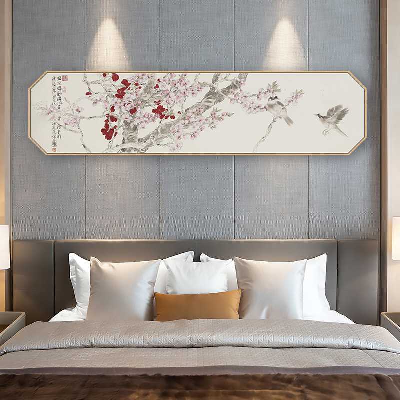 桃花坞 新中式山川花鸟卧室挂画八边形横版单幅温馨床头背景画