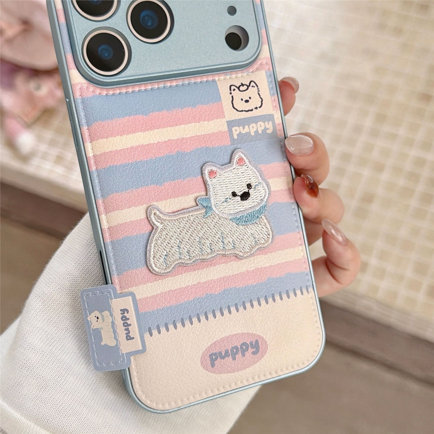 ins韩风皮质刺绣小狗17手机壳