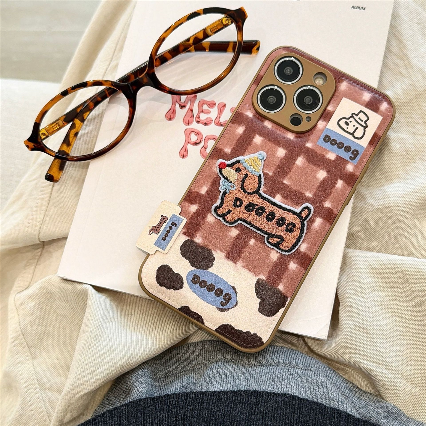 ins韩风皮质格纹小狗17手机壳