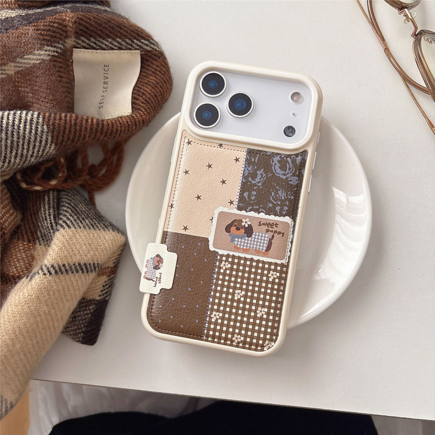 ins韩风复古拼接小狗苹果手机壳