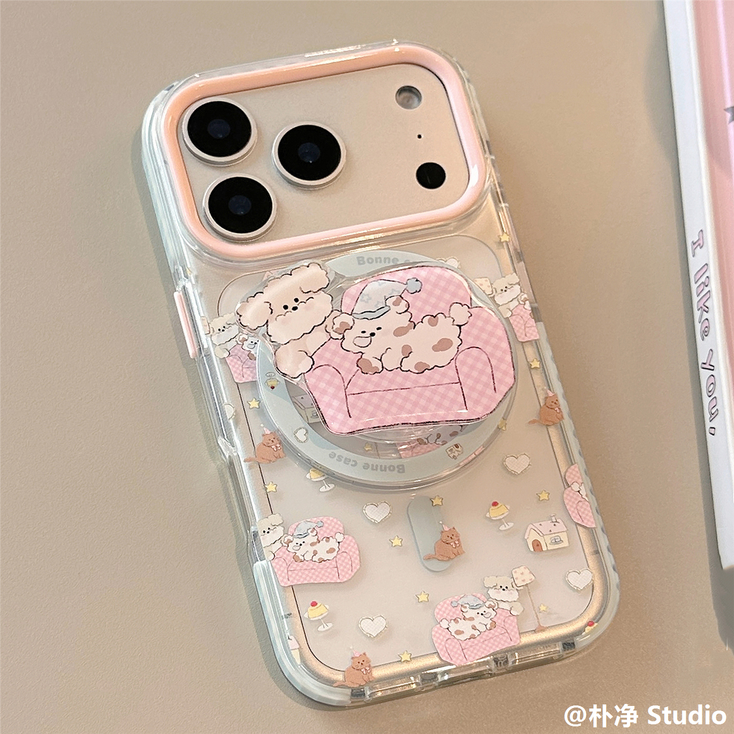 磁吸支架16promax透明粉沙发小狗iPhone17手机包适用14创意11软12