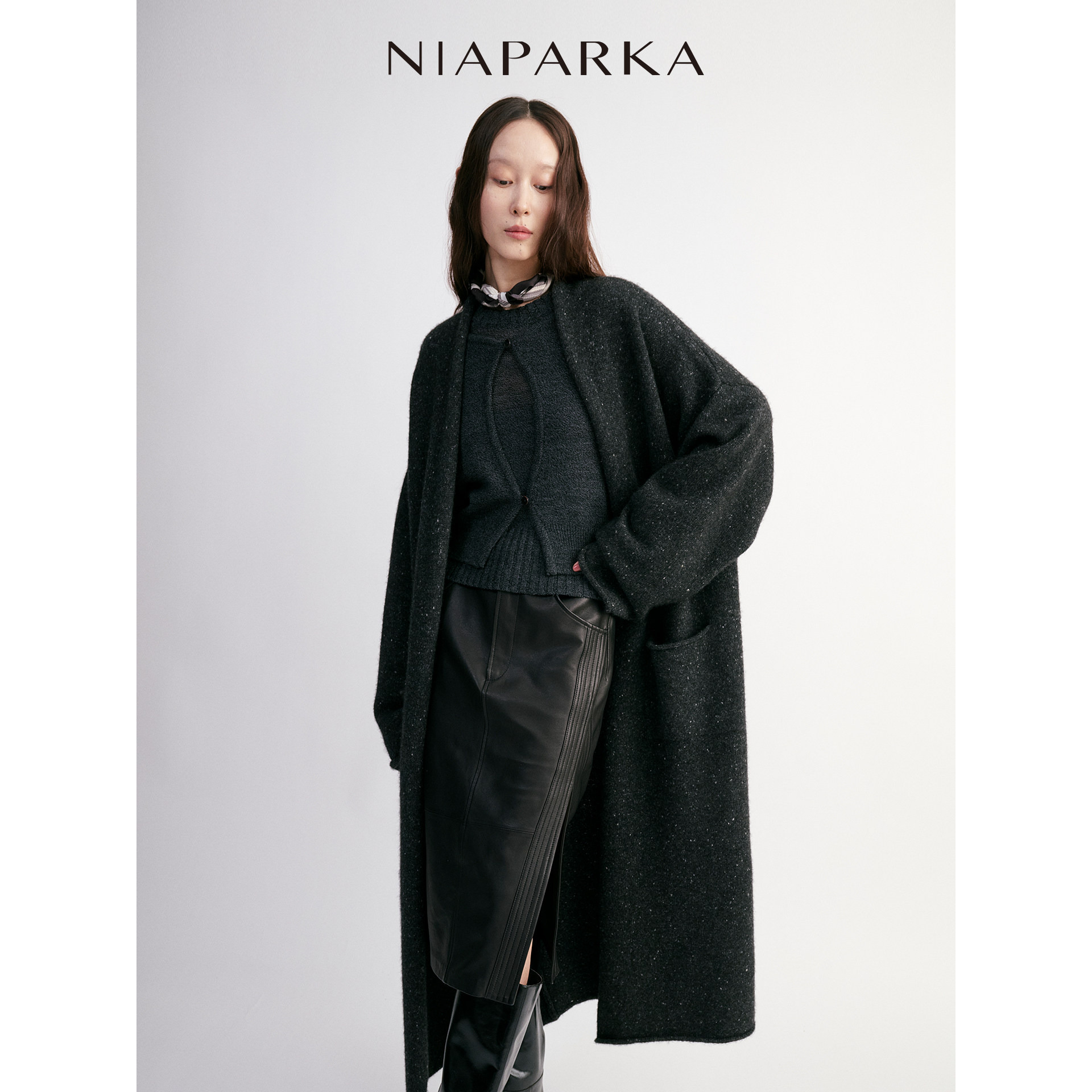 niaparka2025秋冬新款简约百搭牦牛绒长宽松开衫慵懒松弛感外套女