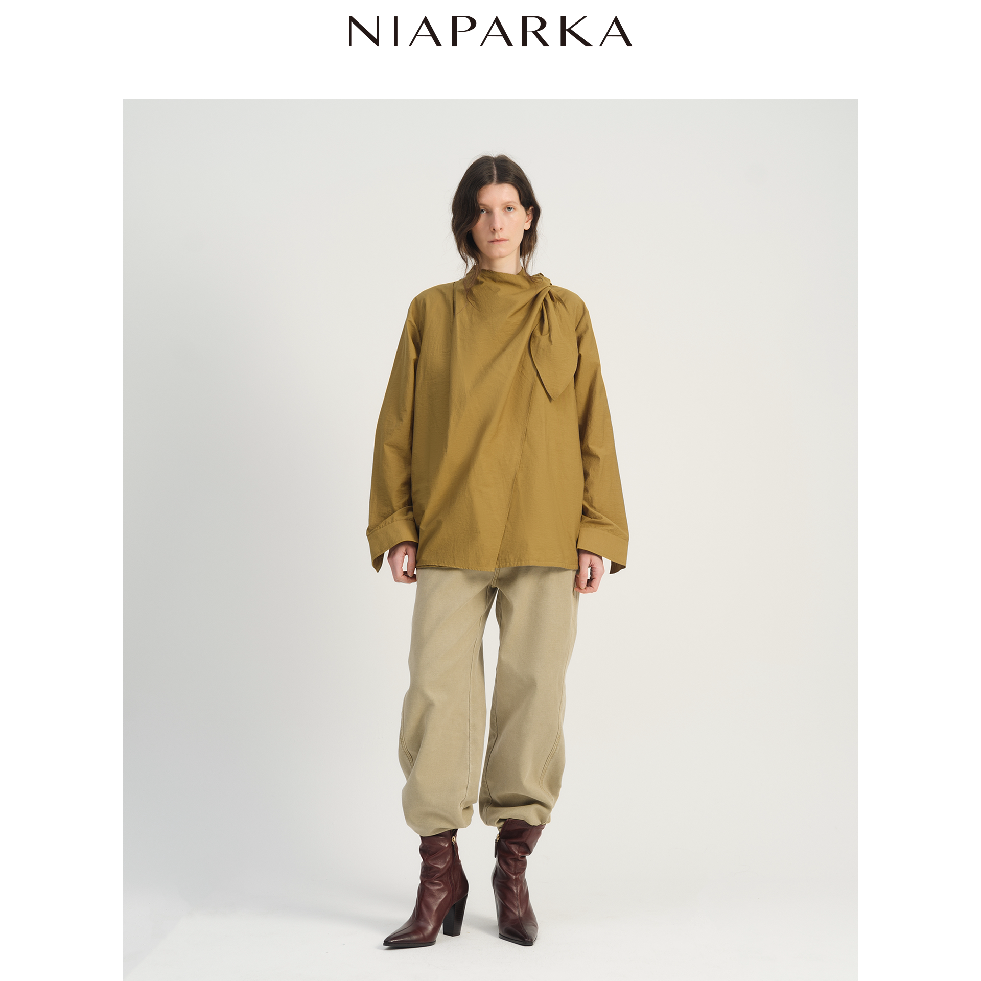 niaparka26秋冬小众设计感衬衫荡领修饰锁骨肩部系带立体不显背厚