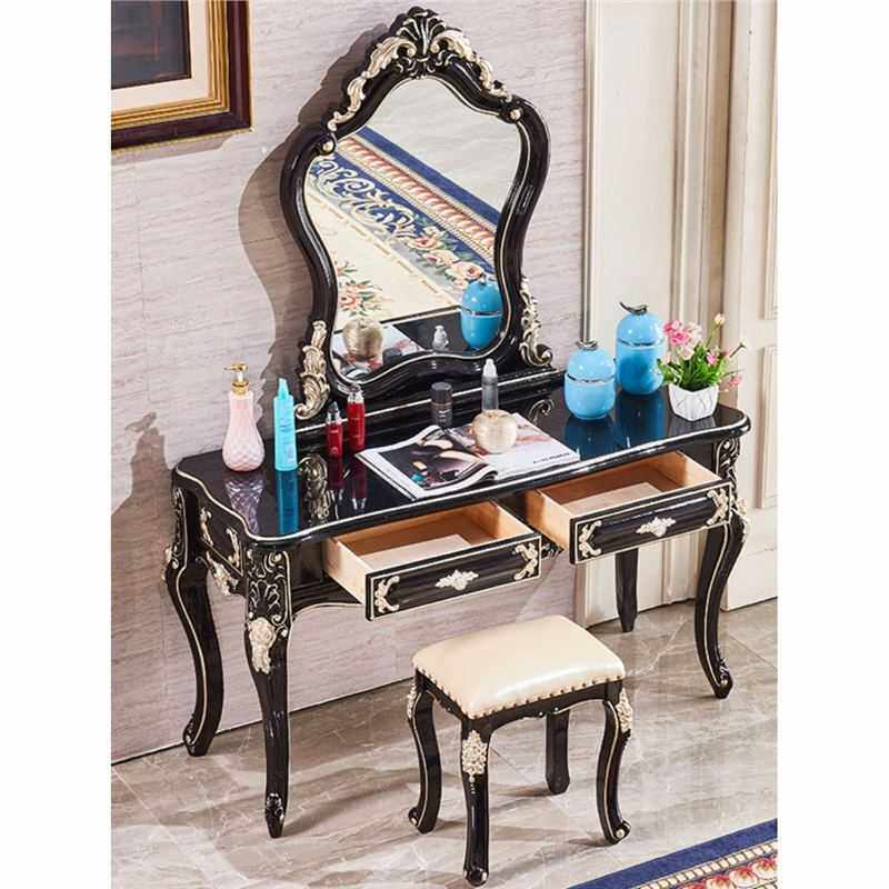欧式实木梳妆台卧室公主化妆台奢华美式黑色梳妆桌带妆镜妆凳组装