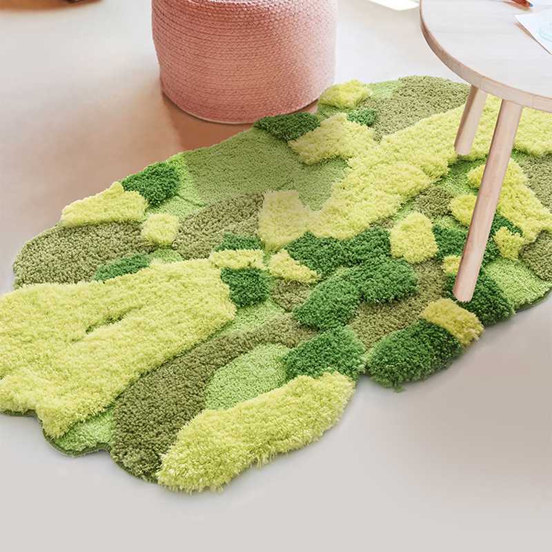 森系植绒地毯卧室苔藓耐脏耐磨地毯不规则加厚隔凉簇绒床边防滑毯