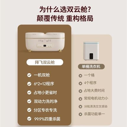 拜飞双桶舱内衣裤洗衣机全自动家用小型迷你袜子洗内裤清洗机