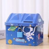 新款 太空宇航员房子存钱罐儿童卡通动漫储蓄罐铁皮带锁生日小礼物