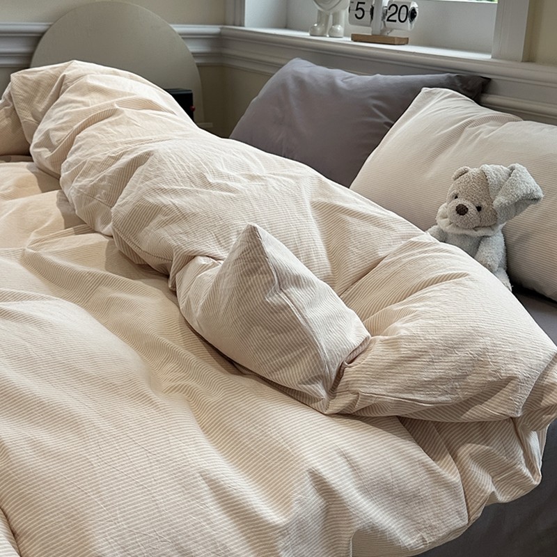 2025新款软糯水洗棉条格无印宜家风混搭四件套