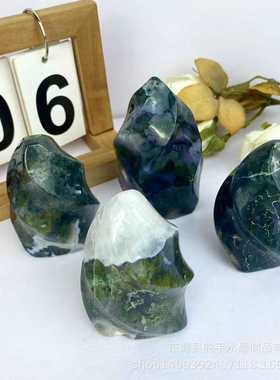 Moss agate 天然水草玛瑙水晶原石切割打磨火炬火焰 家居摆件