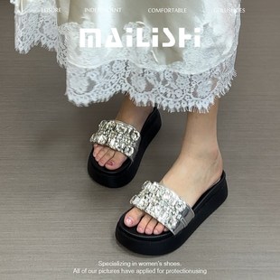 新款 時(shí)尚 氣質(zhì)水鉆高級(jí)感厚底一字帶涼拖鞋 女202M5夏季 外穿百搭涼