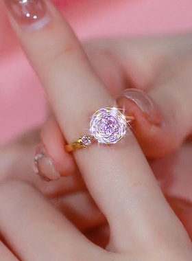 高级感抖音爆款轻奢时尚旋转x气质粉色戒指超闪满钻开口指环个性
