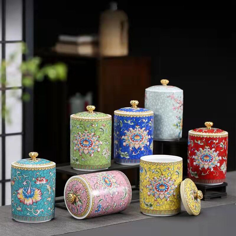 仿古青釉手绘茶叶罐(四方)