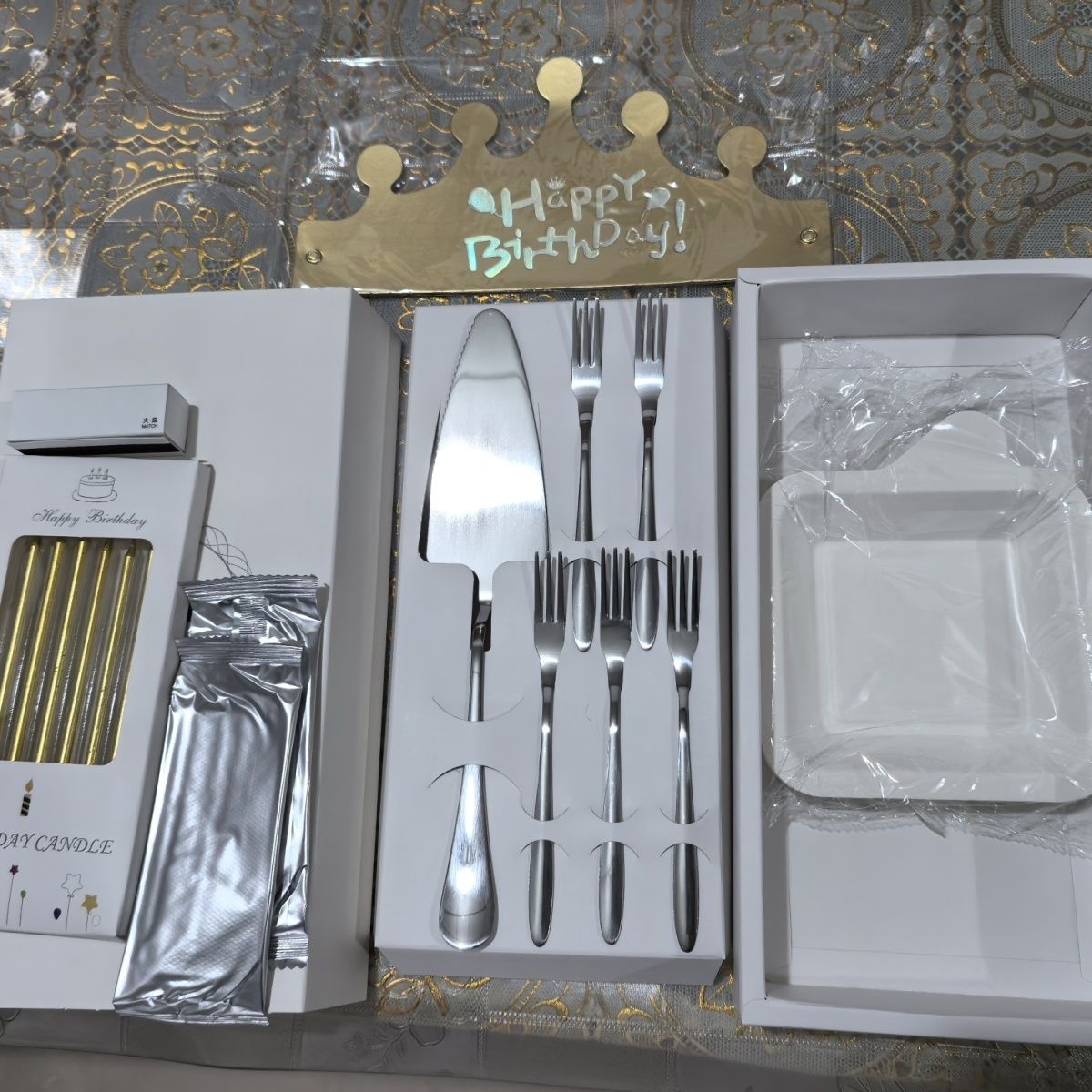高档一次性不绣钢餐具七合一组合生日蛋糕餐具蜡烛帽套装(定制)