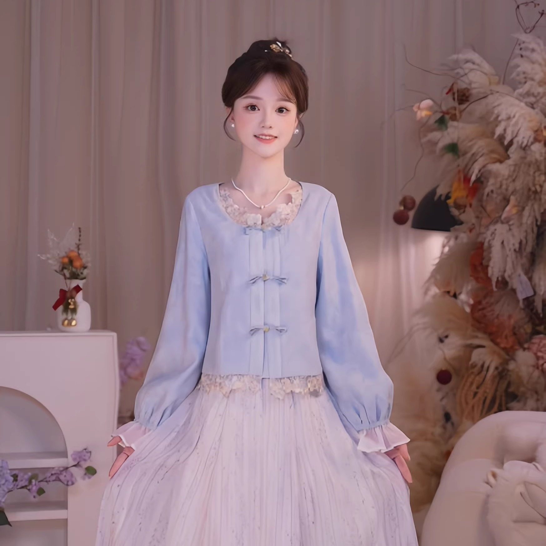 瑶西【蓝白微雨】2026新款国风原创刺绣花边蓝白两件套汉服女套装,女装/女士精品,汉服套装,淘宝优惠券,粉丝福利购,淘宝优惠卷