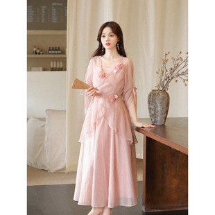 【清仓·花时节】新中式女夏出游粉色收腰长裙中袖汉服套装连衣裙