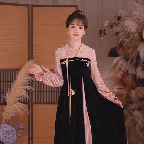 瑶西粉黑暮色厚丝绒改良汉服裙