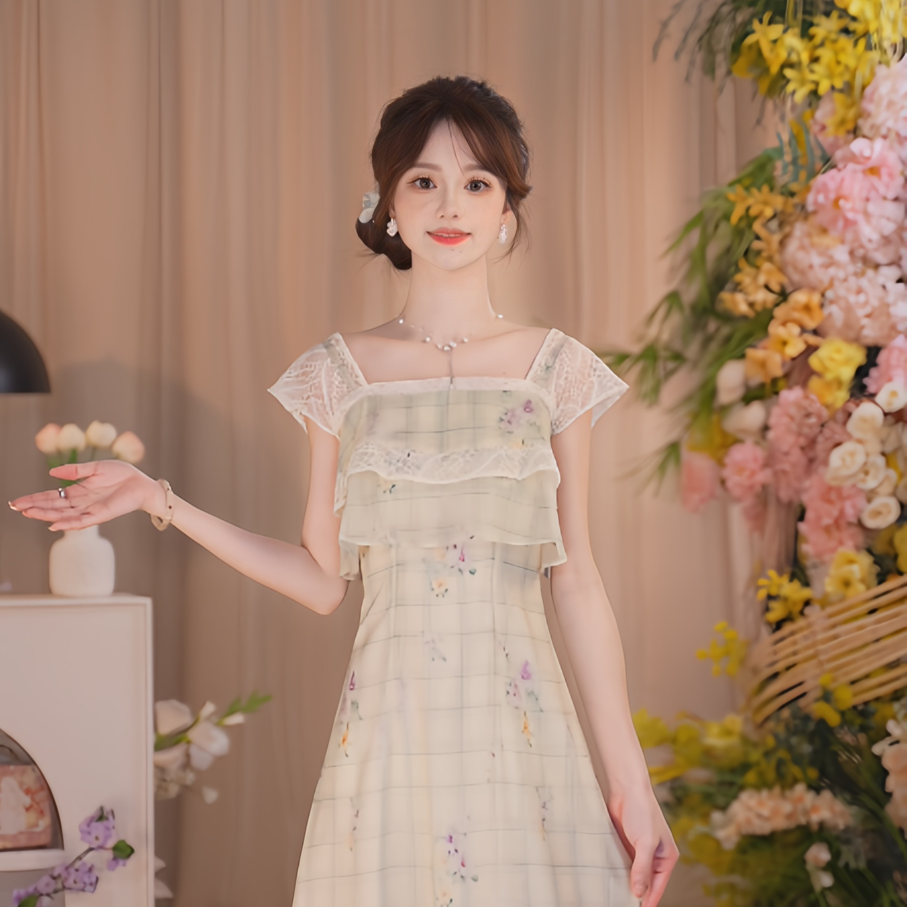 【清仓·与花令】国风原创日常蕾丝拼接格纹印花收腰长款连衣裙
