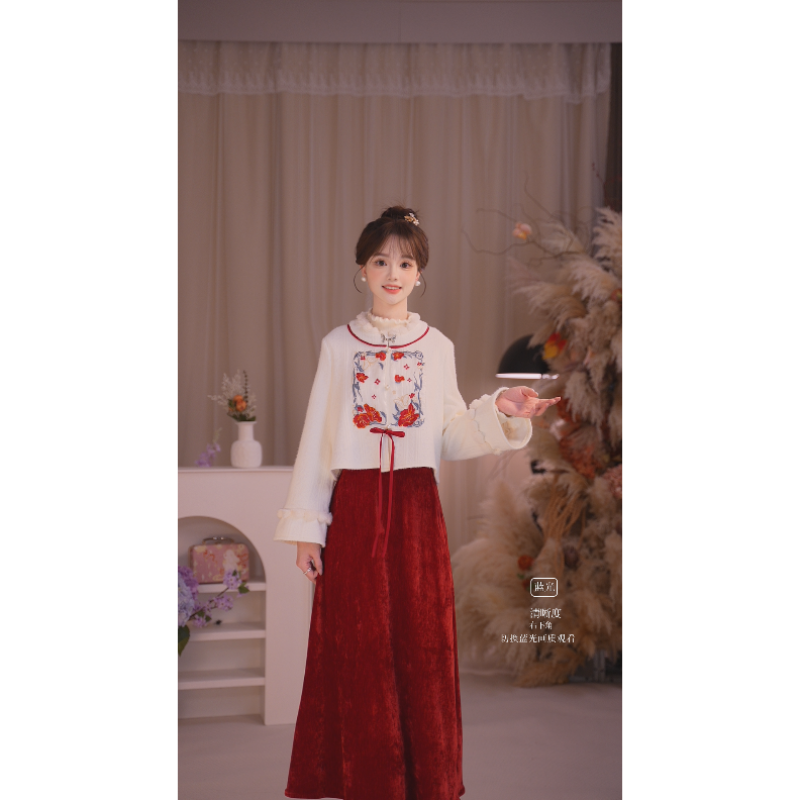瑶西【落雪红蝶】新中式重工刺绣上衣丝绒红裙汉元素冬季套装