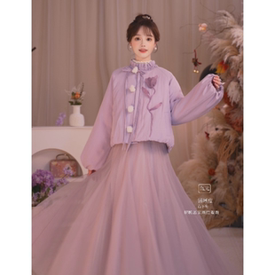 立体毛球郁金香厚外套仙雾紫加绒半身裙套装 冬季 紫郁金香 瑶西