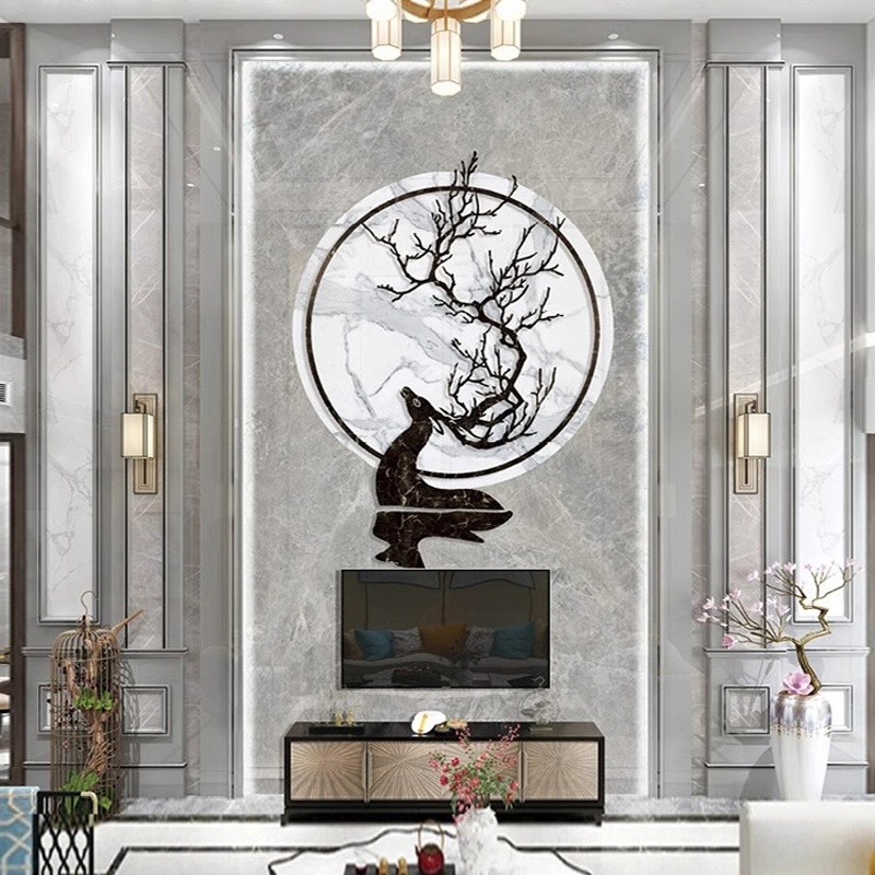 别墅电视背景h墙岩板简约大理石纹壁画客厅中O空复式楼瓷砖影视壁