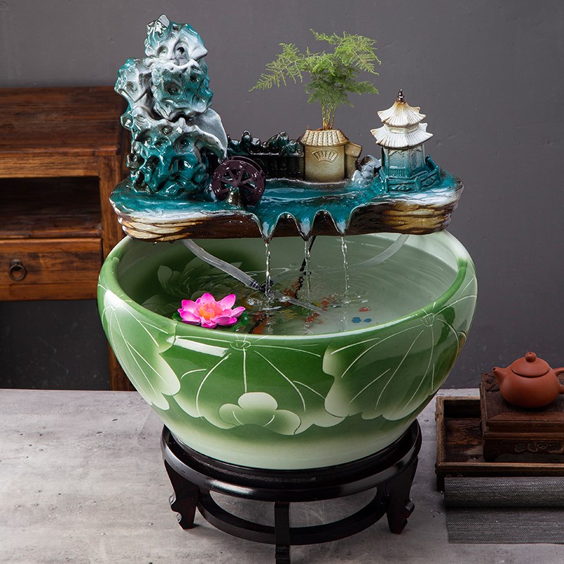 水循环家用摆件水氧装饰鱼缸加湿器落地招财风水缸大型会客厅造景