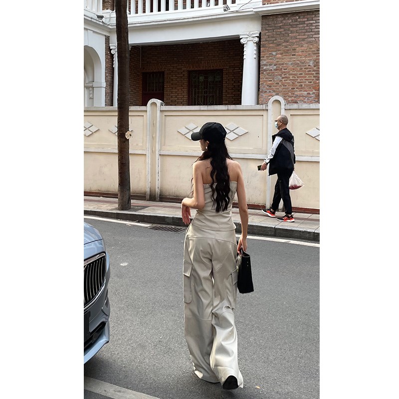 西九春秋新品工装机轮裤拖地x阔腿长裤+抹胸套装酷甜辣妹两件套