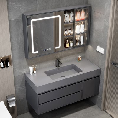 轻奢灰色纳米岩石一体盆卫浴室柜组合洗手台盆柜卫生间洗脸洗漱台