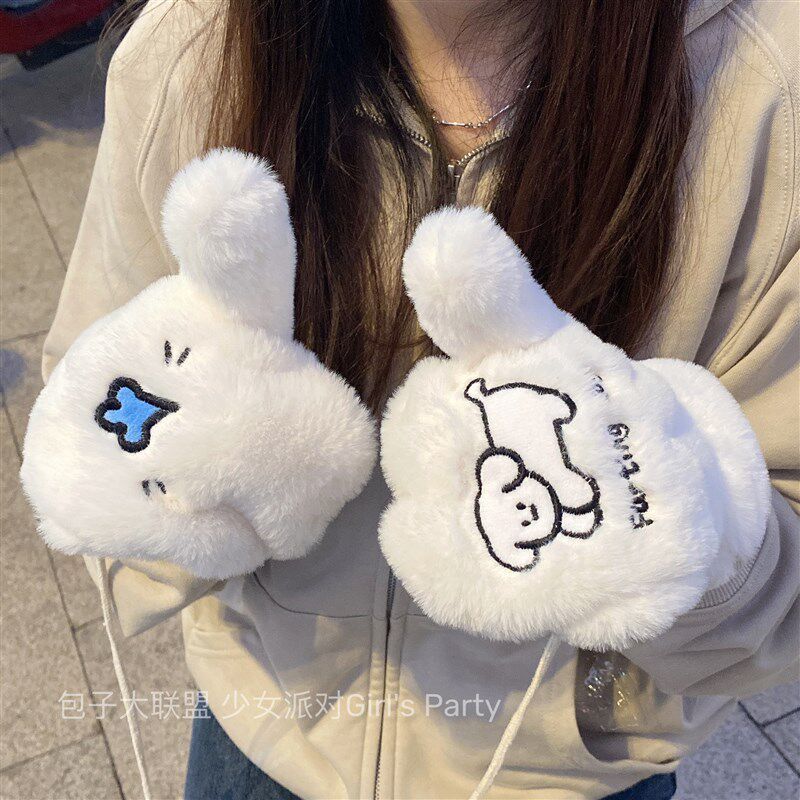 可爱小狗毛绒手套女生冬天骑行加绒加厚保暖情侣款冬季挂颈棉手套