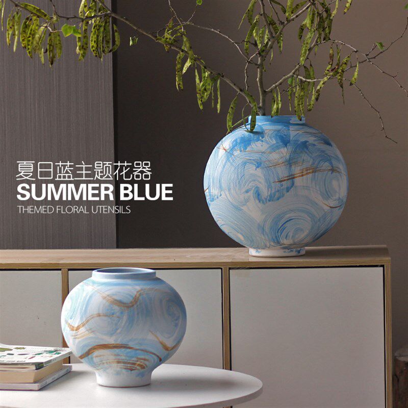 景德镇现代简约陶瓷花瓶蓝色星球手绘创意月亮胖圆罐子软装品摆件