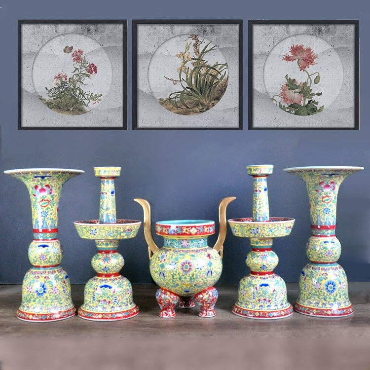 景德镇黄底五彩佛堂神像五供瓷器摆件香炉花觚烛台寺庙神像摆件,畜牧/养殖物资,畜牧/养殖器械,淘宝优惠券,粉丝福利购,淘宝优惠卷