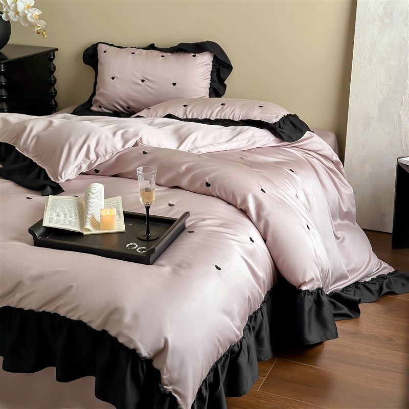 星尘迷梦法式复古爱o心刺绣夏季天丝四件套莱赛尔宽花边被套床