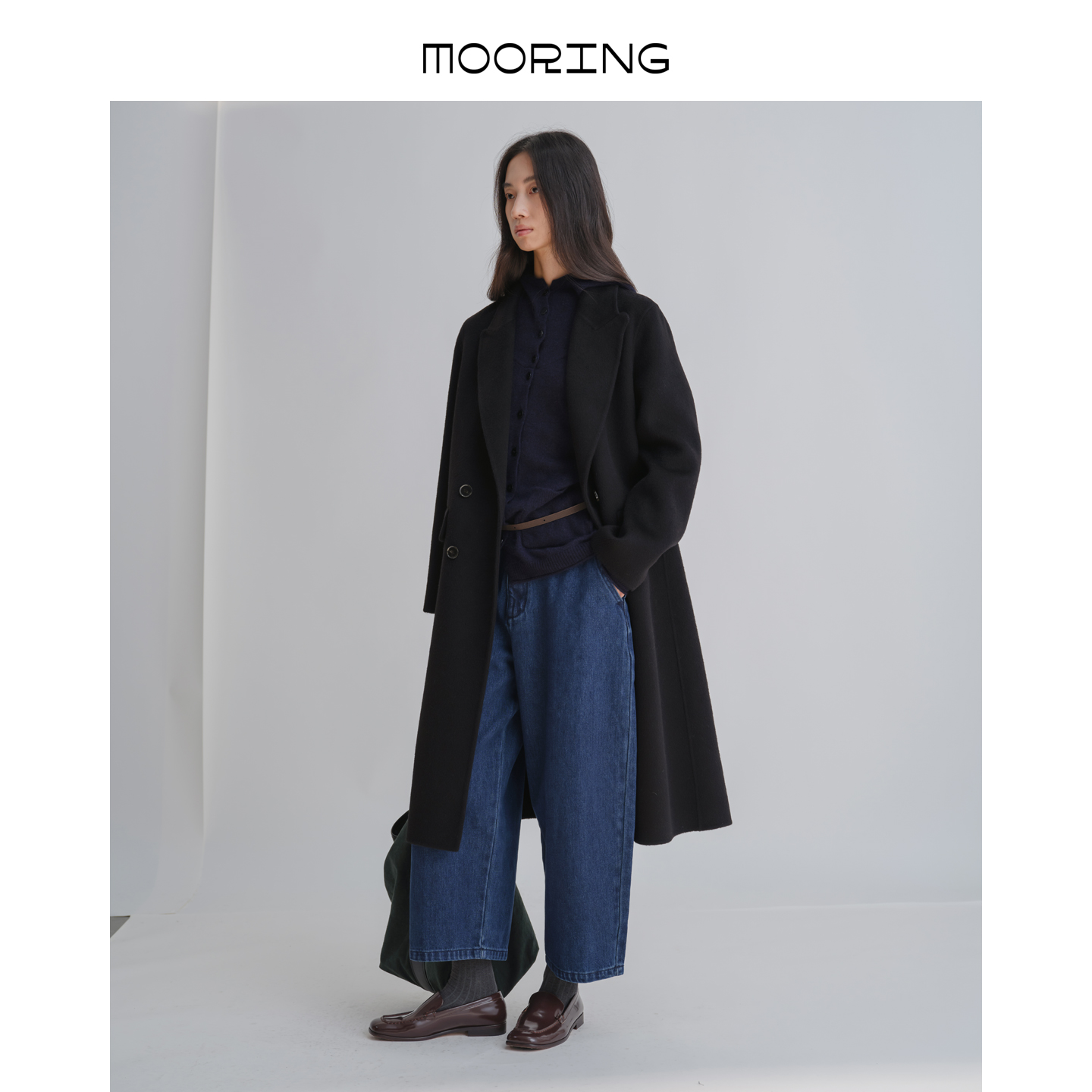 MOORING泊 绵羊毛宽松双排扣立裁正肩显气场双面呢大衣