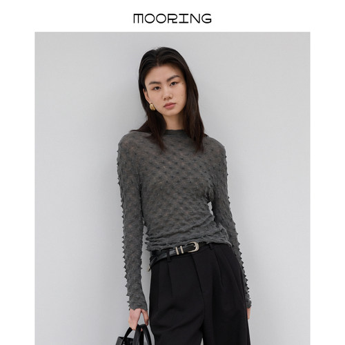 MOORING泊 复古绵羊毛修身针织上衣菠萝针肌理打底衫