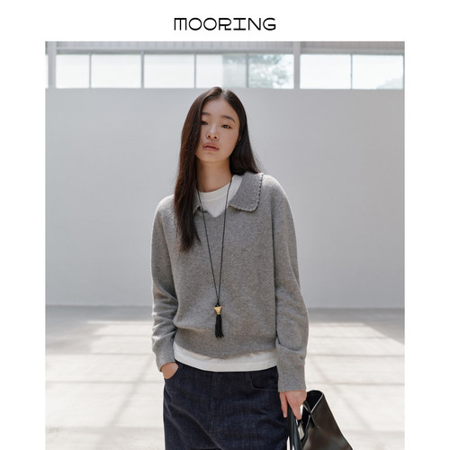 MOORING泊 26秋羊绒针织衫镂空花边领软糯短款显瘦套头毛衣上衣女
