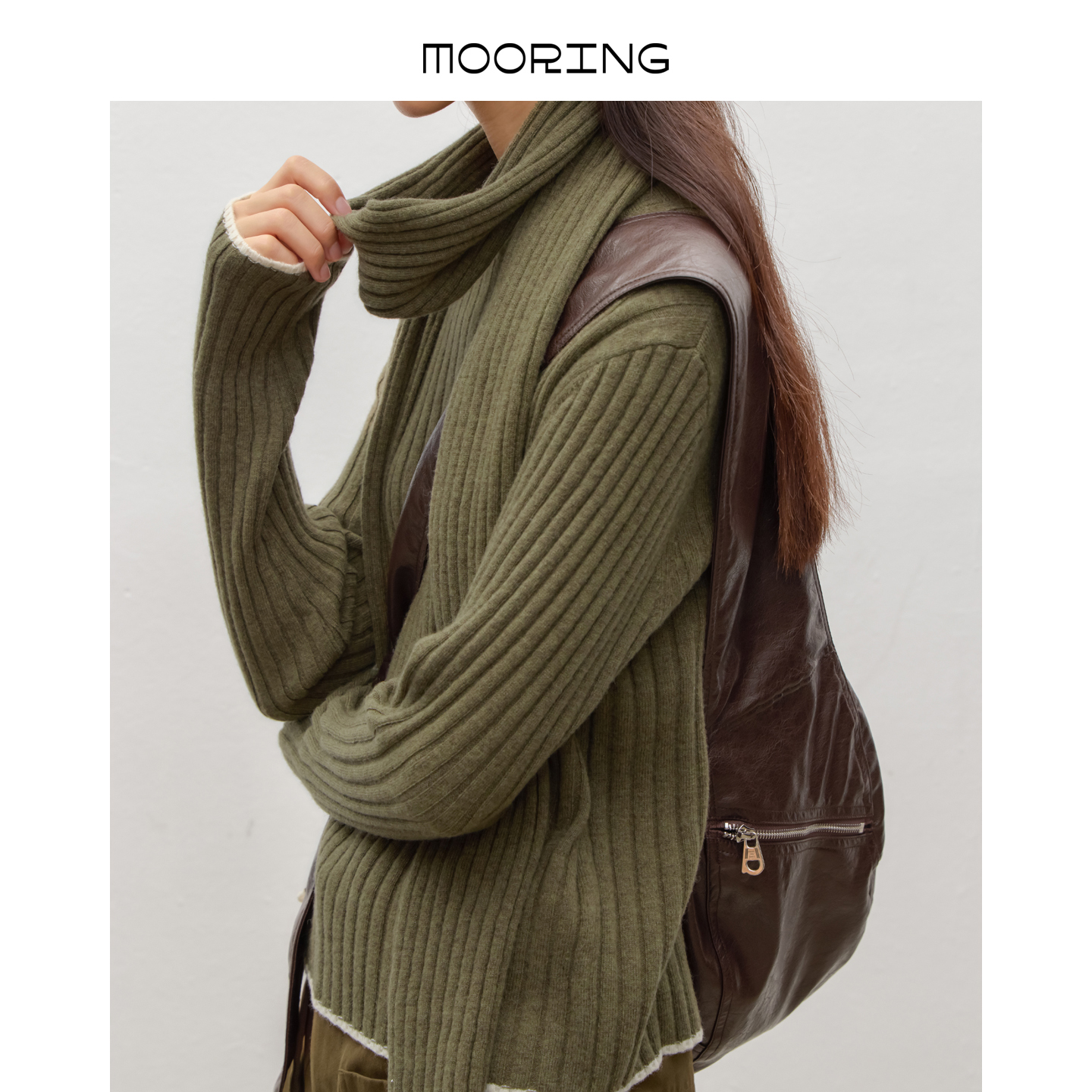 MOORING泊 绵羊毛半高领花纱慵懒显瘦坑条针织毛衣带围脖